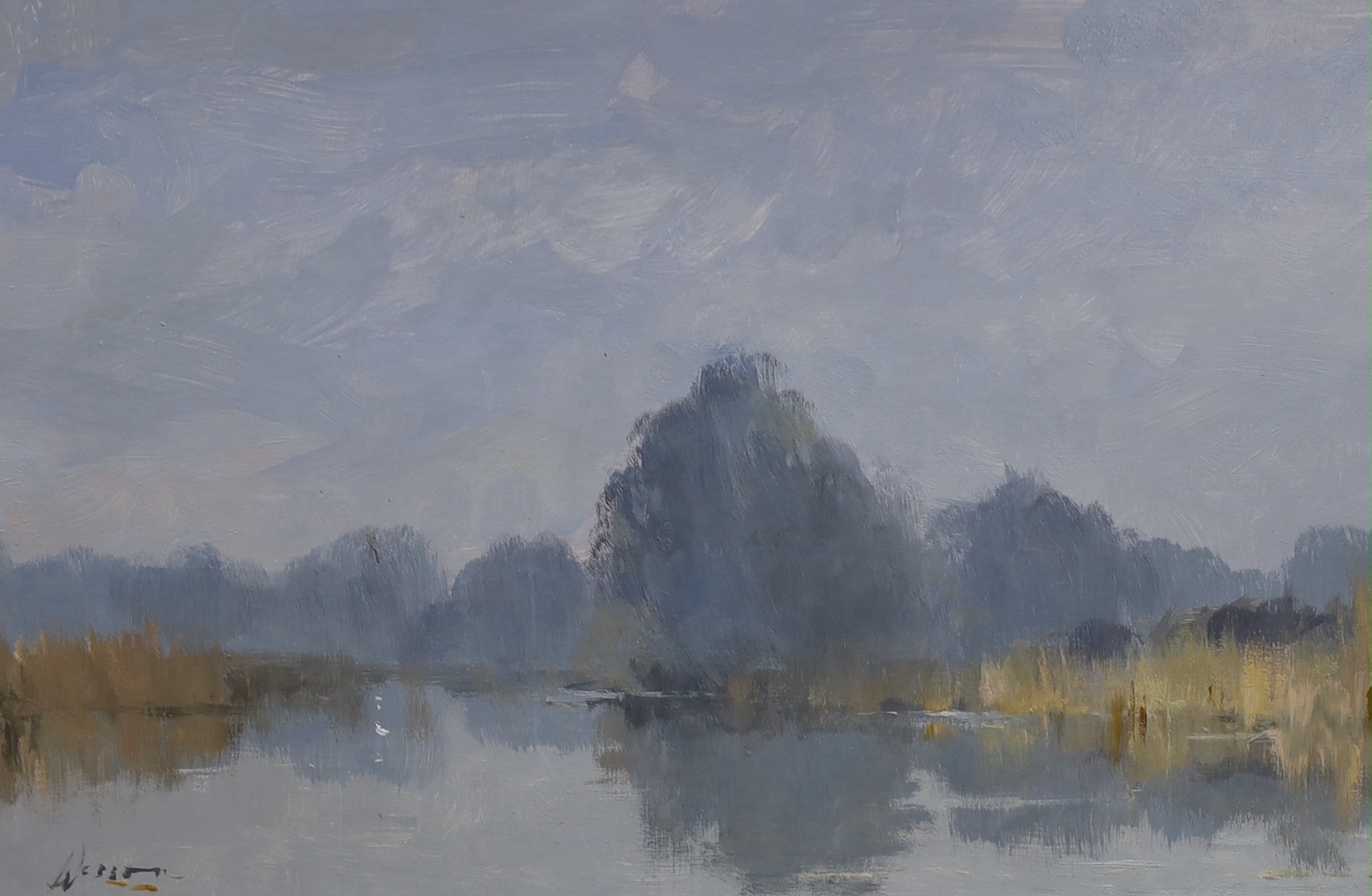 Edward Wesson RI, RSMA (1910-1983), oil on board, 'Calm day at Burton Pond, near Pulborough', signed, 29 x 44.5cm